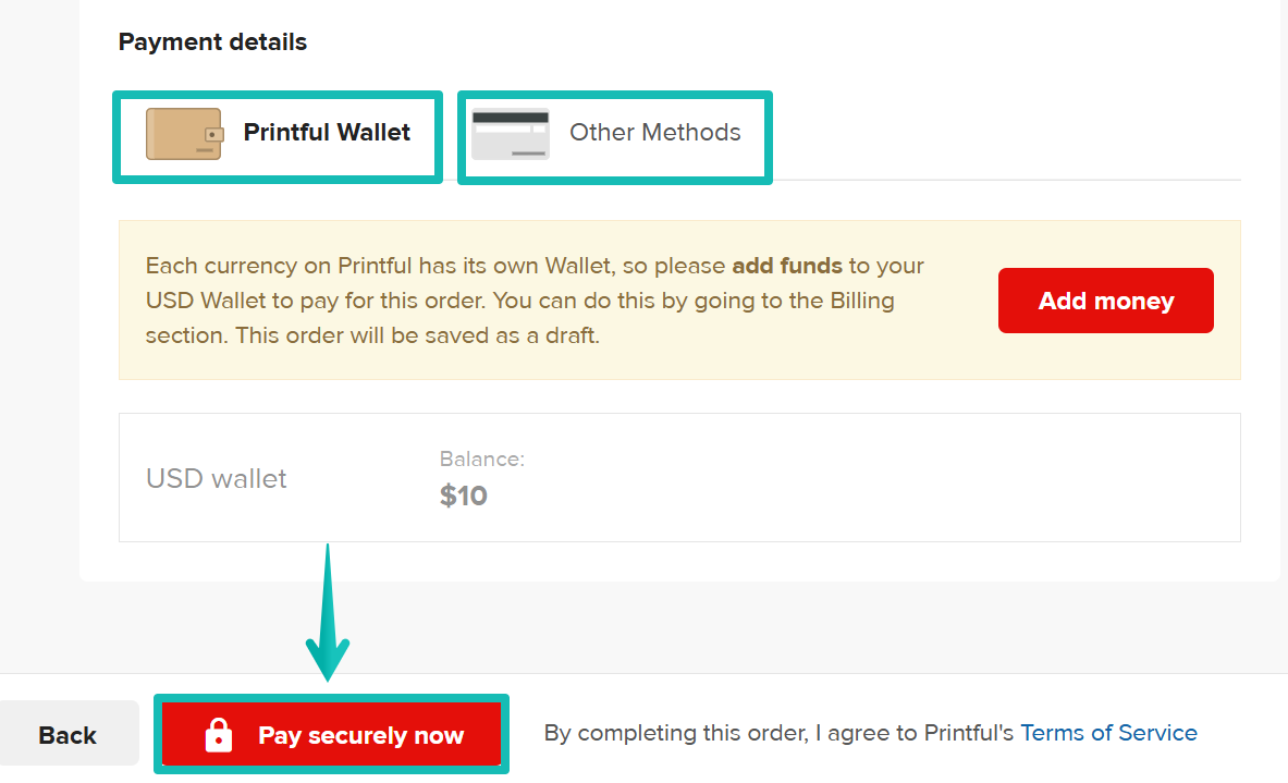 Écran de vérification de la commande affichant les détails du paiement et le bouton Pay securely now.