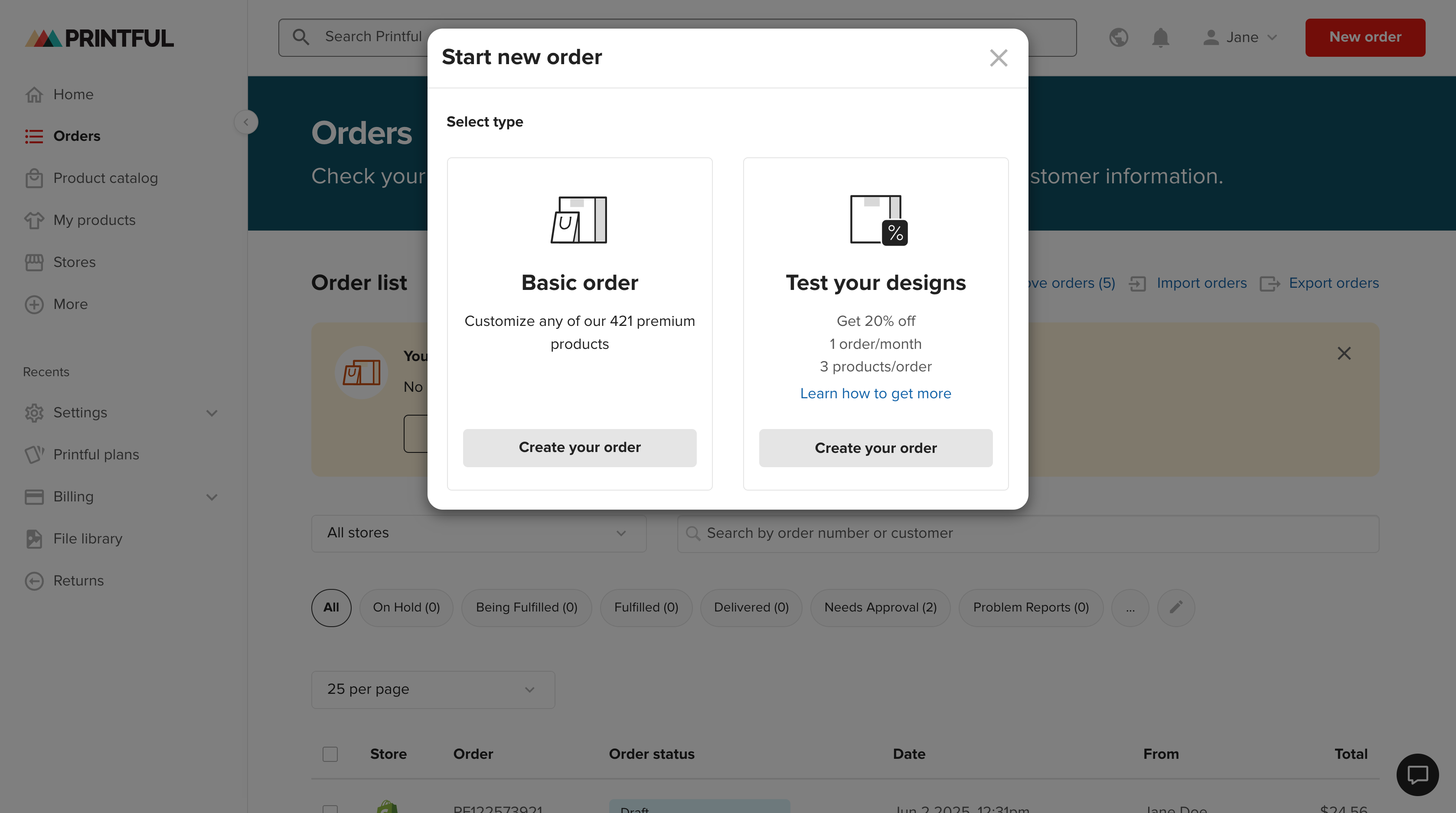 Écran de sélection du type de commande affichant les options Commande d’échantillon et Basic order.