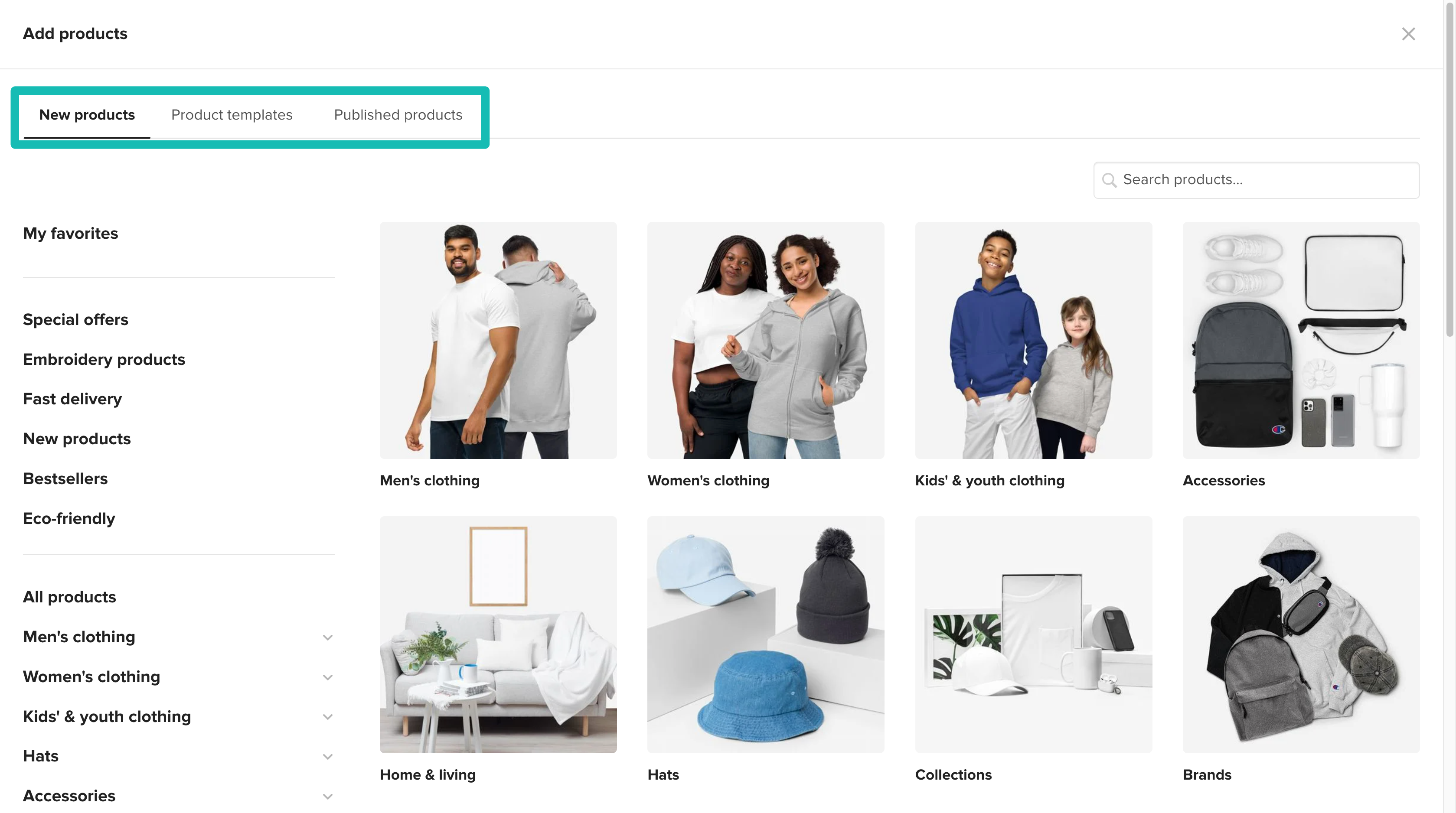 Écran de sélection du produit affichant les options pour créer un nouveau produit ou choisir un modèle enregistré.