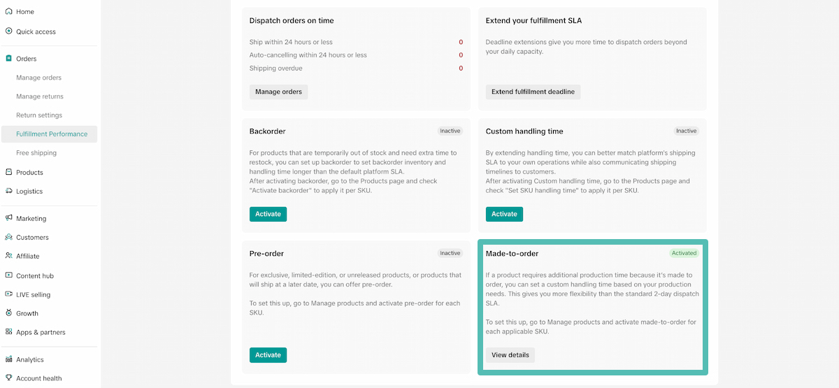 The Fulfillment Performance page shows the Made-to-order card marked as activated.