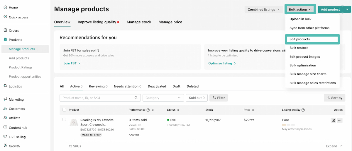 The Bulk actions dropdown on the Manage products page shows the Edit products option.