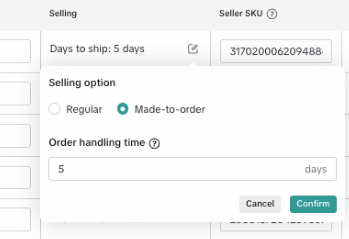 Made-to-order handling time settings.