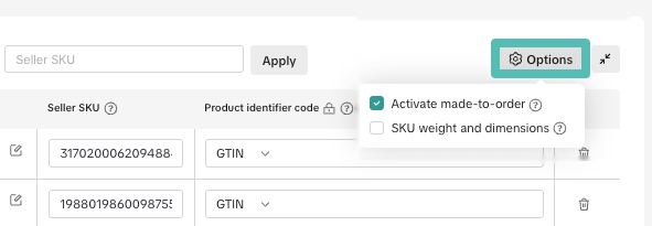 El menú desplegable Options de la lista de variaciones tiene seleccionada la casilla Activate made-to-order.