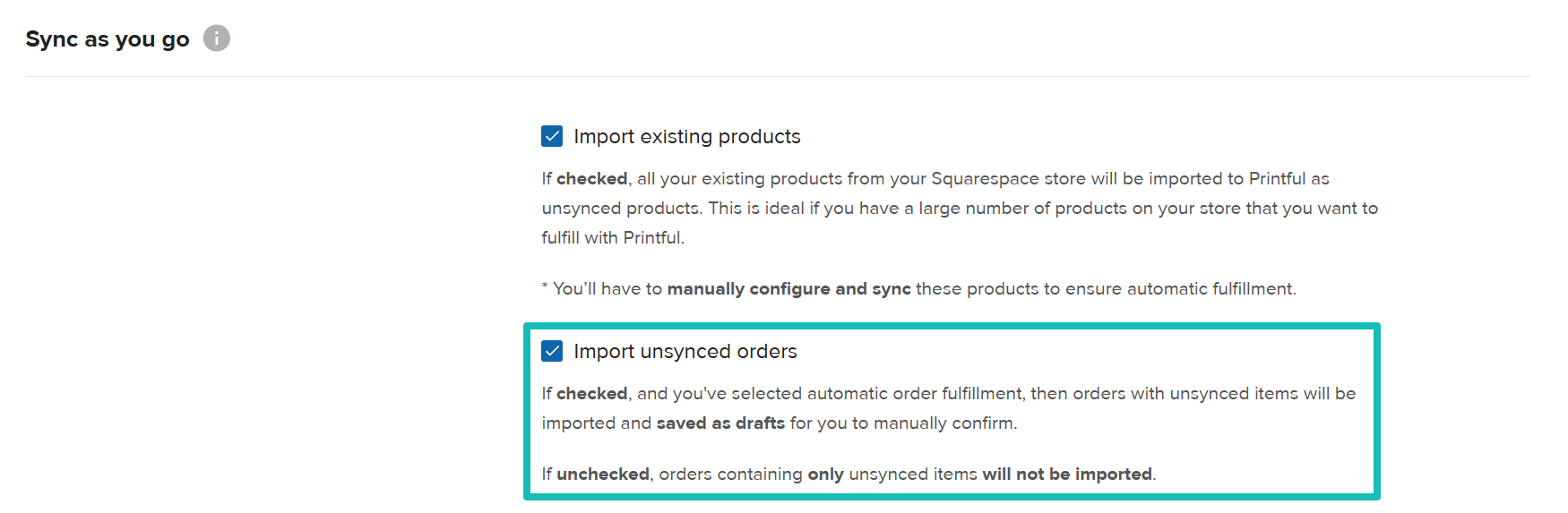 Das Kontrollkästchen „Nicht synchronisierte Bestellungen importieren“ wird in den Store-Einstellungen angezeigt.