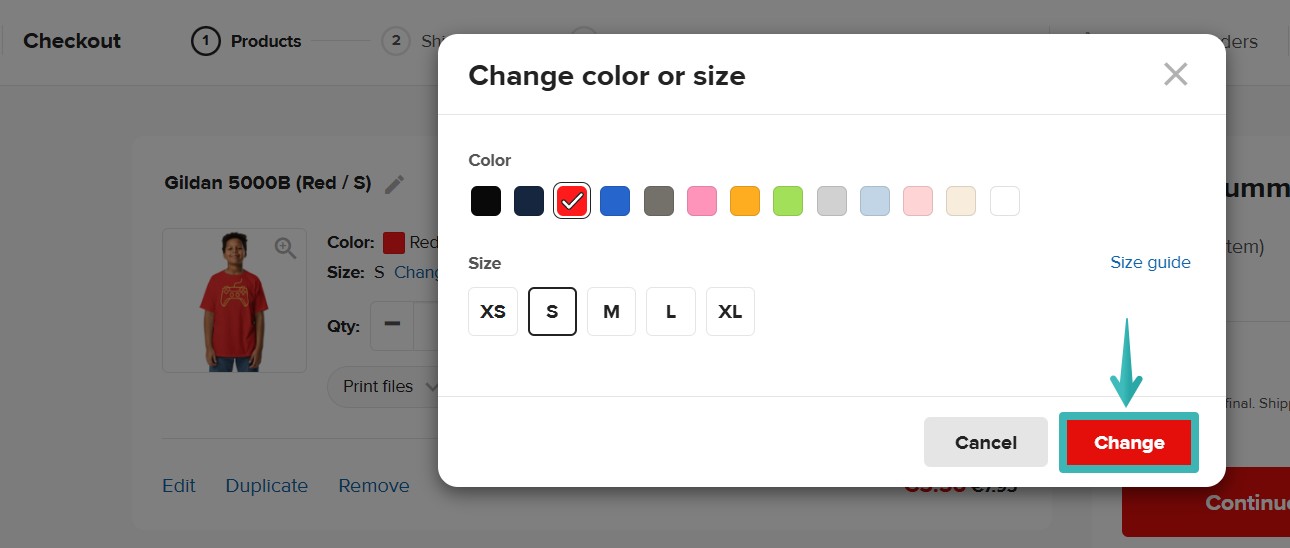Ventana pop up en el modo de edición de pedidos que destaca el botón Modificar para confirmar el cambio de talla/color.