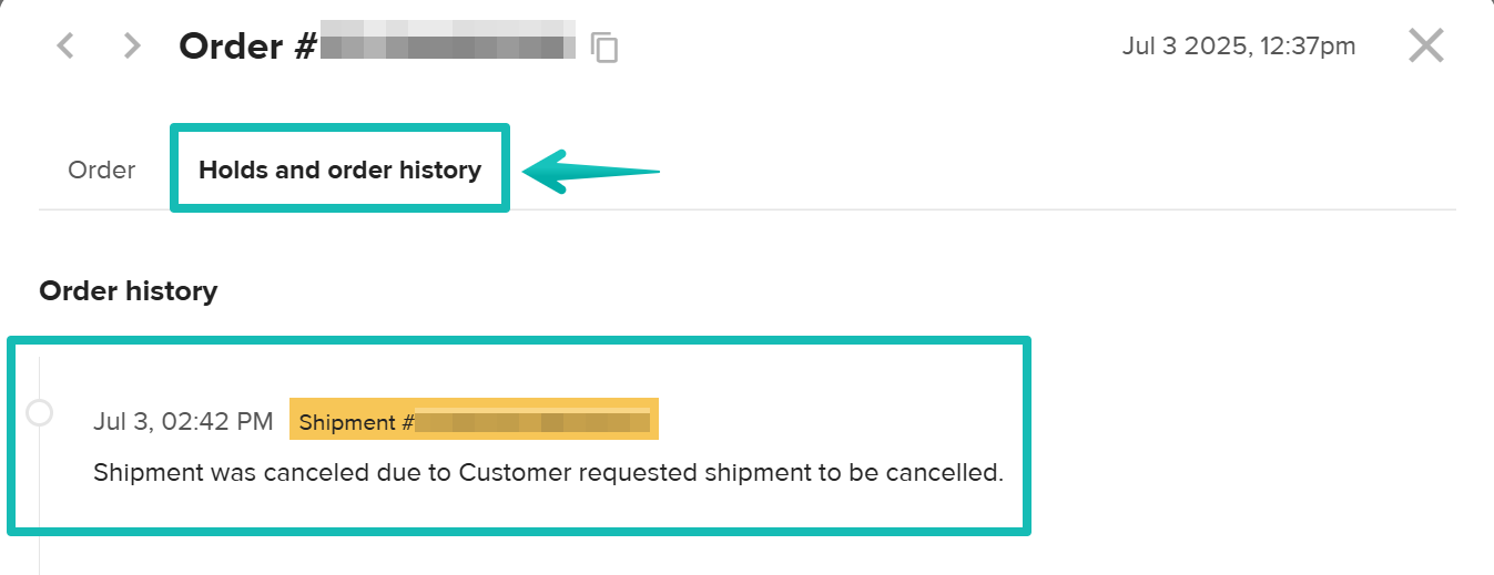 Motivo dell'annullamento nella visualizzazione dell'ordine