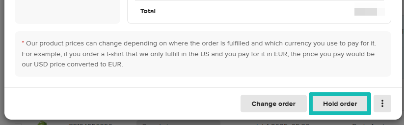 Bouton de mise en attente de la commande dans la vue de commande