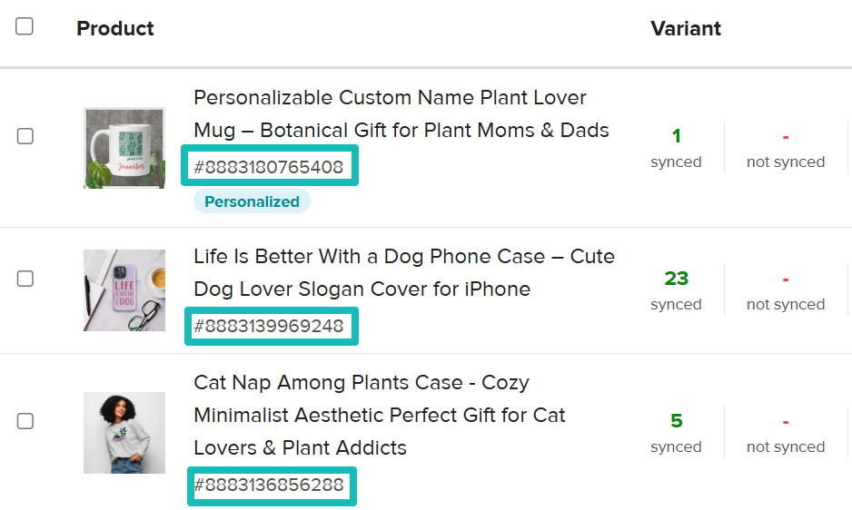 The Product ID appears directly below the product name in the Stores section.