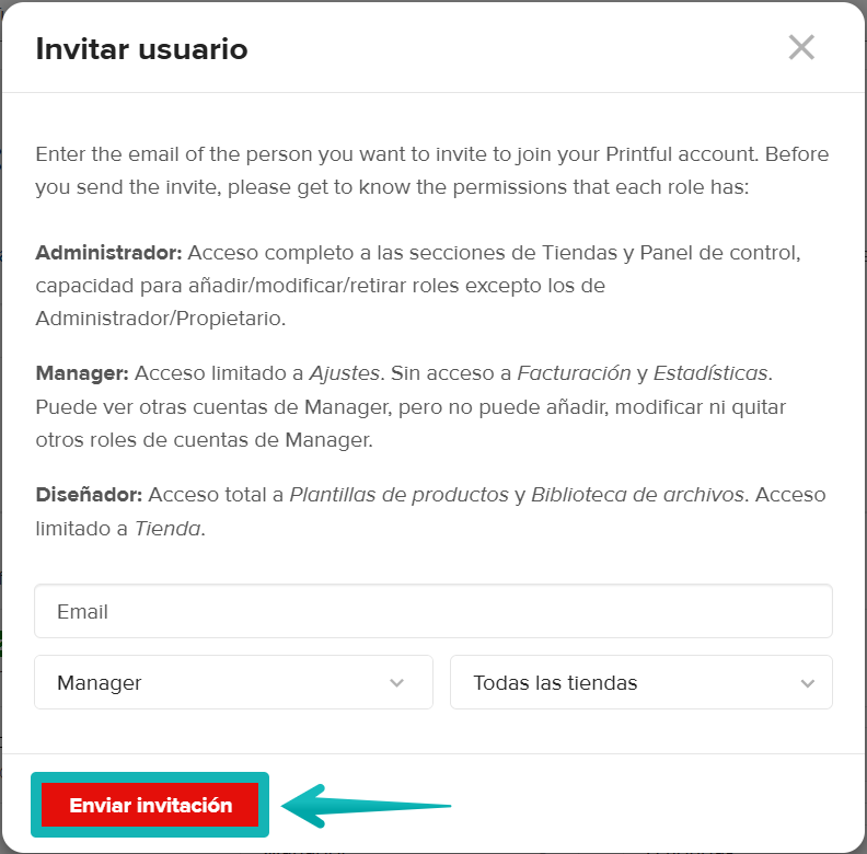 Ventana para invitar usuario en Printful con opciones de rol, tienda y botón Enviar invitación.