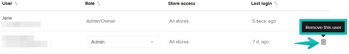 Users list showing roles and the Remove this user icon for removing a user from a Printful account.