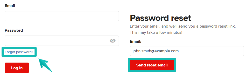 Login page showing the ‘Forgot password?’ link and the password reset form with a Send reset email button.