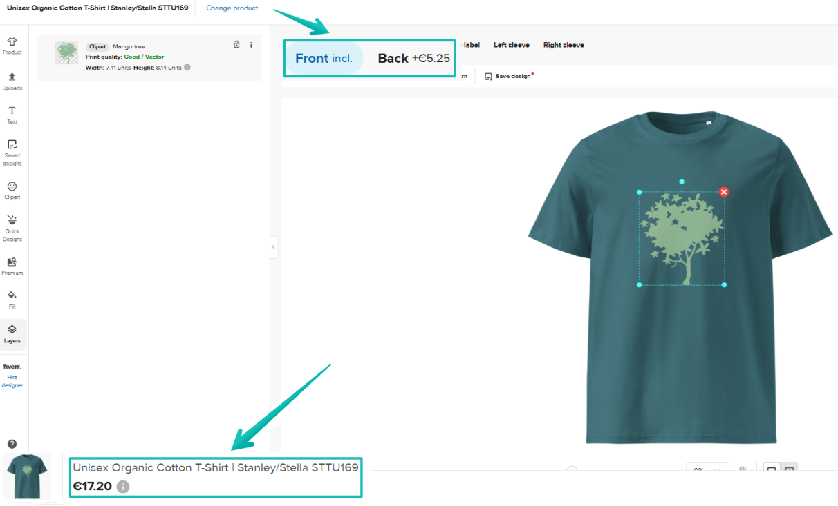 Design Maker Ansicht mit Preisen für zusätzliche Druckpositionen
