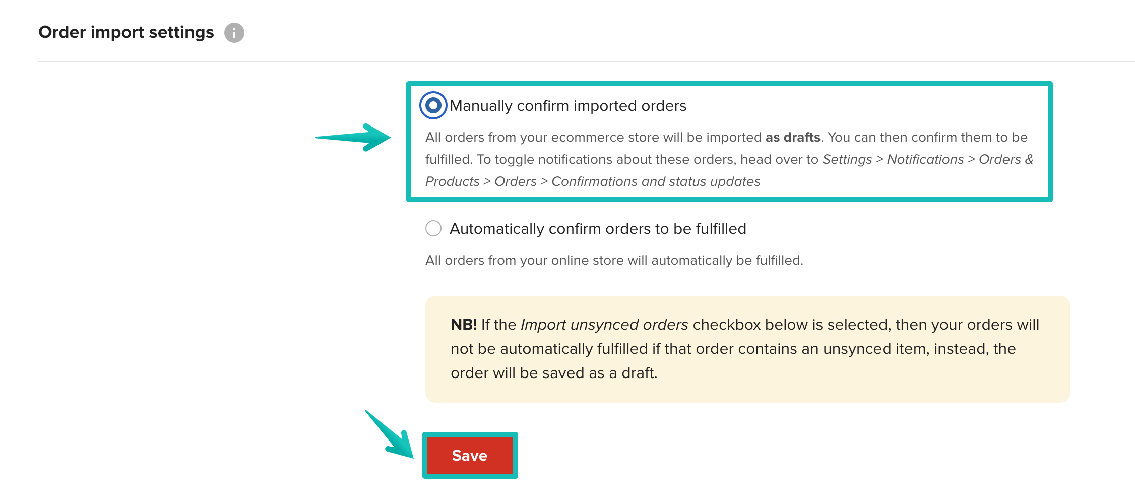ショップ設定の「Manually confirm imported orders」チェックボックス。