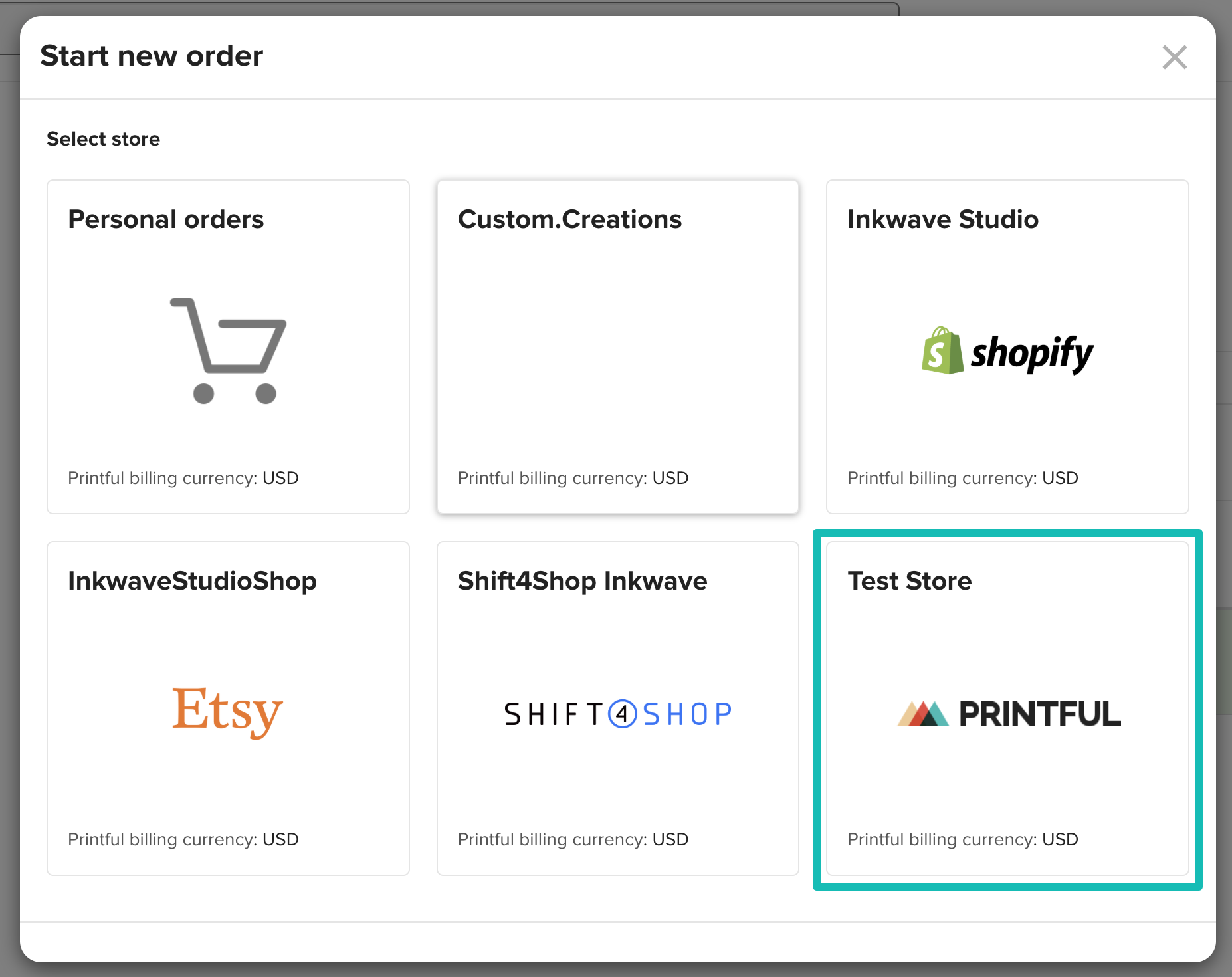Store selection when placing a new manual order.