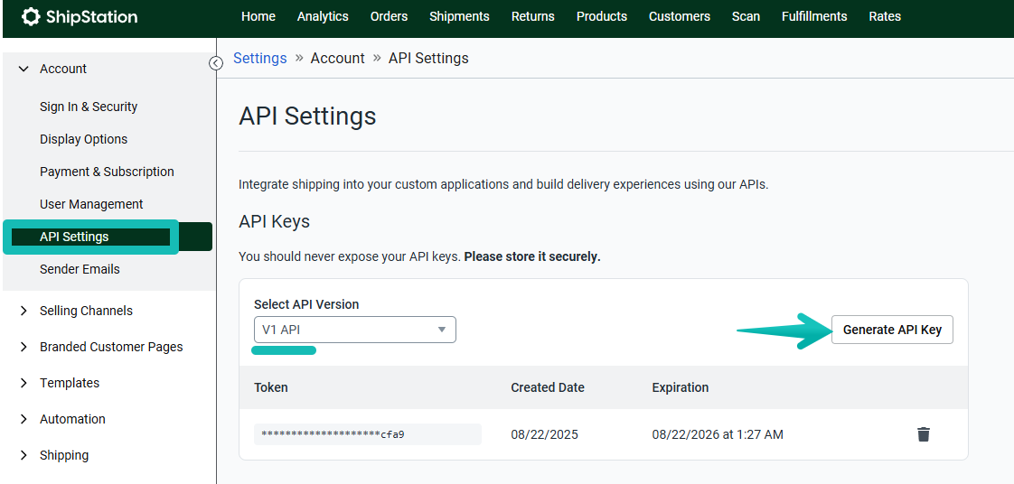 Página de configuración de API de ShipStation con el botón Generate API Key.