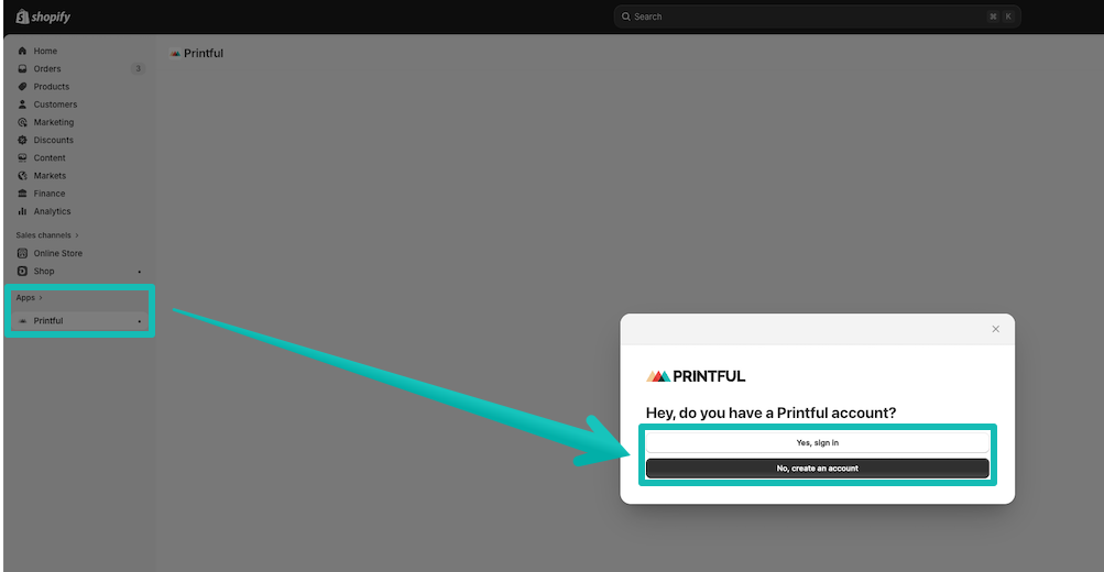 Logging in to Printful from Shopify admin.