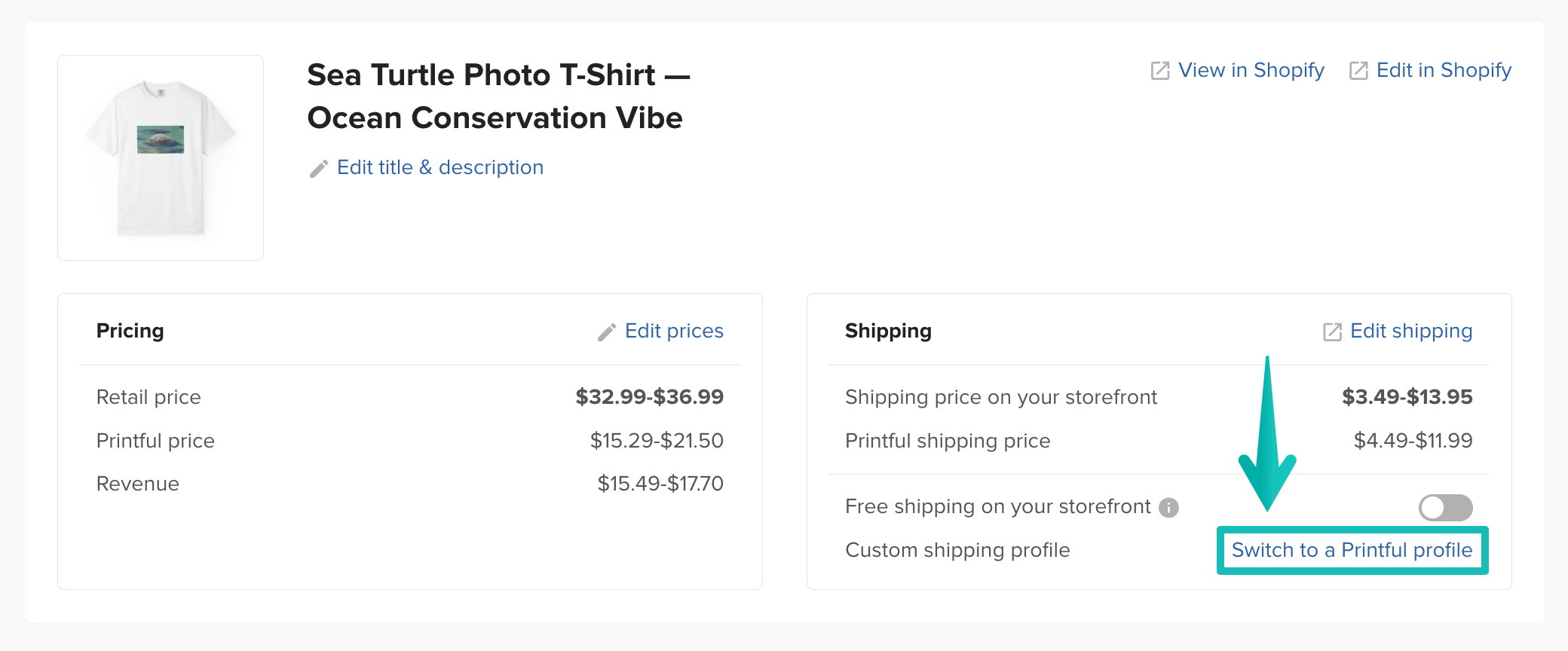 Switch to a Printful profile button when editing a Shopify product on Printful.