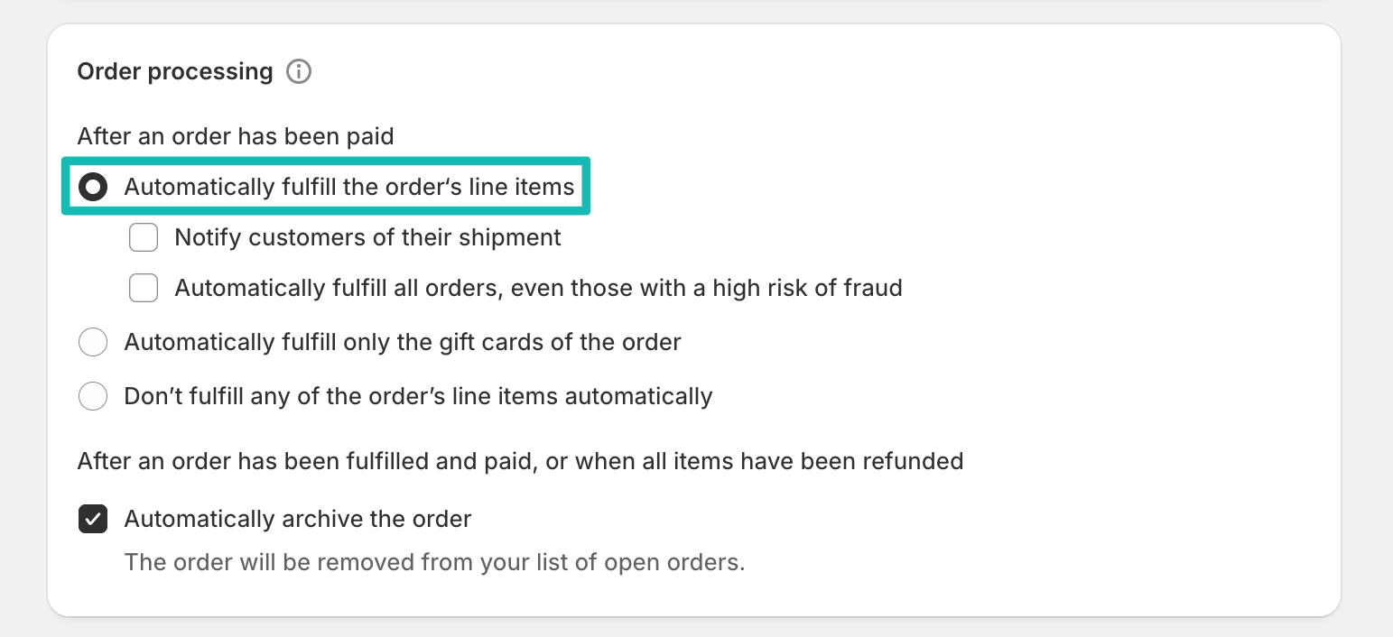 Impostazione Automatically fulfill the order’s line items