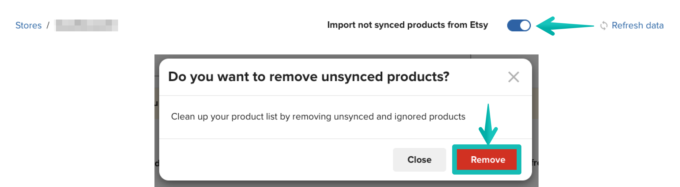 The import not synced products from Etsy button and pop-up window.