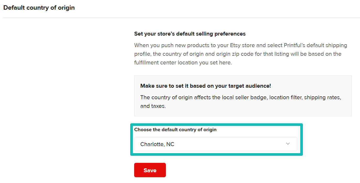 Choose the default country of origin setting