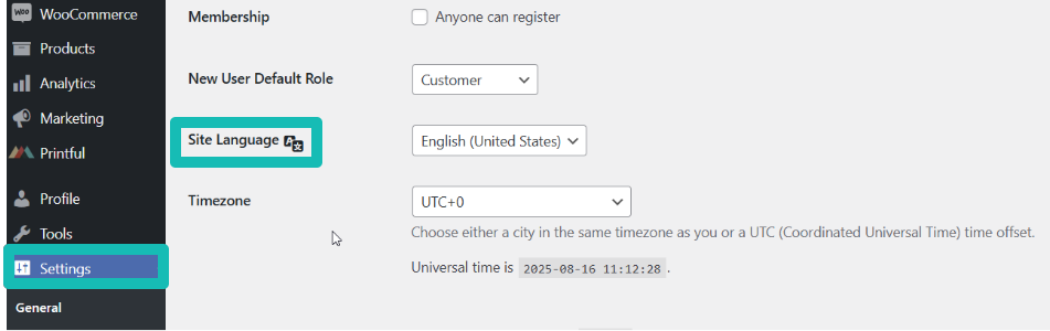 Site Language settings WordPress