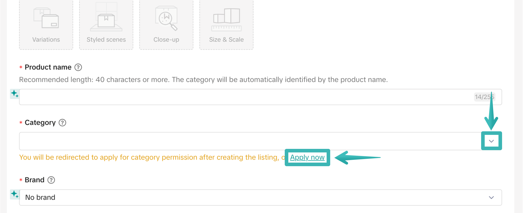 Solicitud de categoría de producto restringido a través del flujo Añadir nuevo producto. 