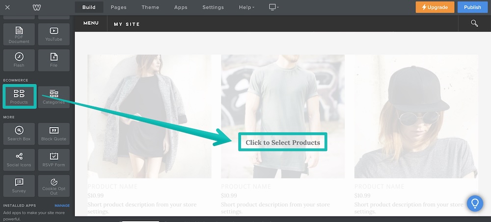 Añadir una sección de productos a un sitio web de Weebly.