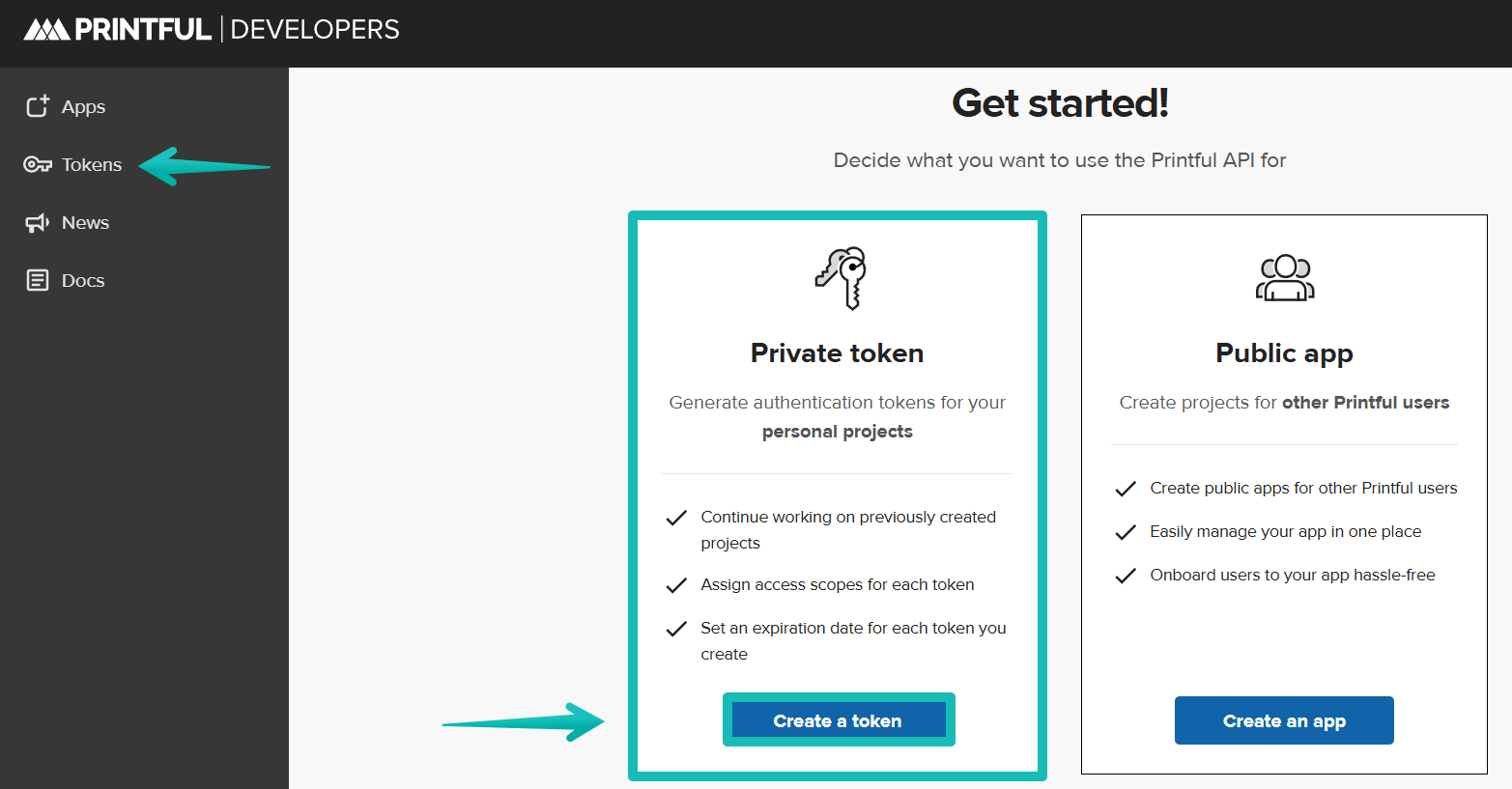 Create a token button in Printful Developers portal.