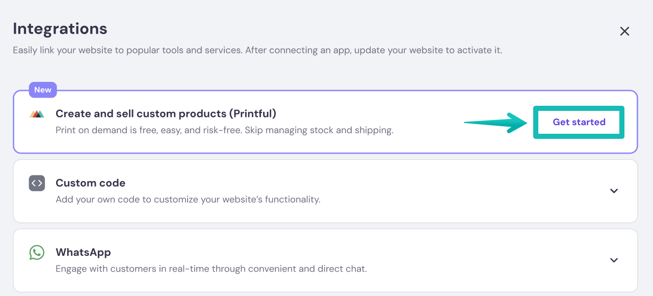 Aplicación Printful en la sección de integraciones de Hostinger.