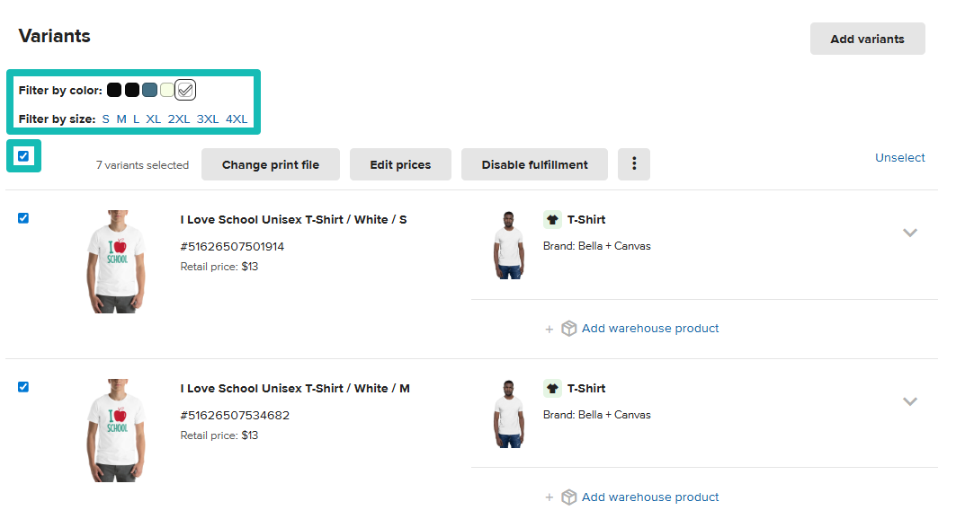 Printful product variants interface featuring bulk editing tools, color/size filters, and individual variant management for a published t-shirt.