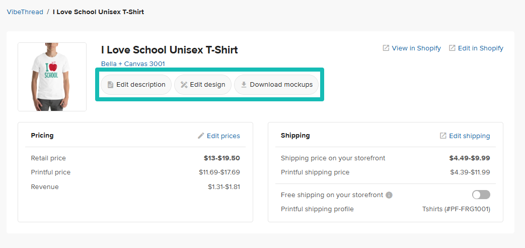 Interfaz de edición de productos de Printful que muestra los botones "Editar descripción", "Editar diseño" y "Descargar mockups" para un listado de camisetas.