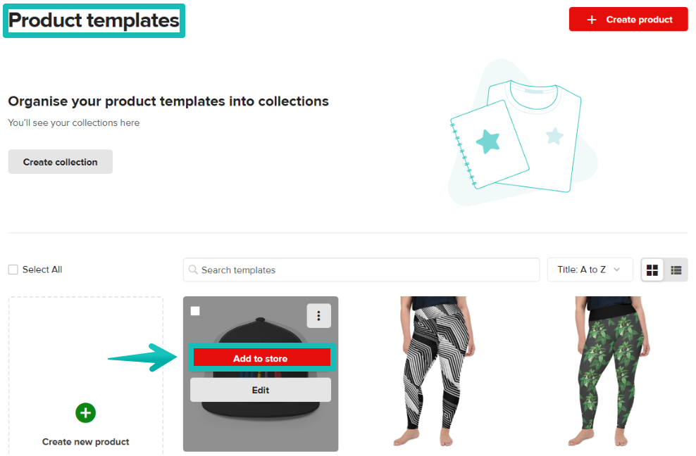 Product templates section in Dashboard, highlighting the "Add to store" button.