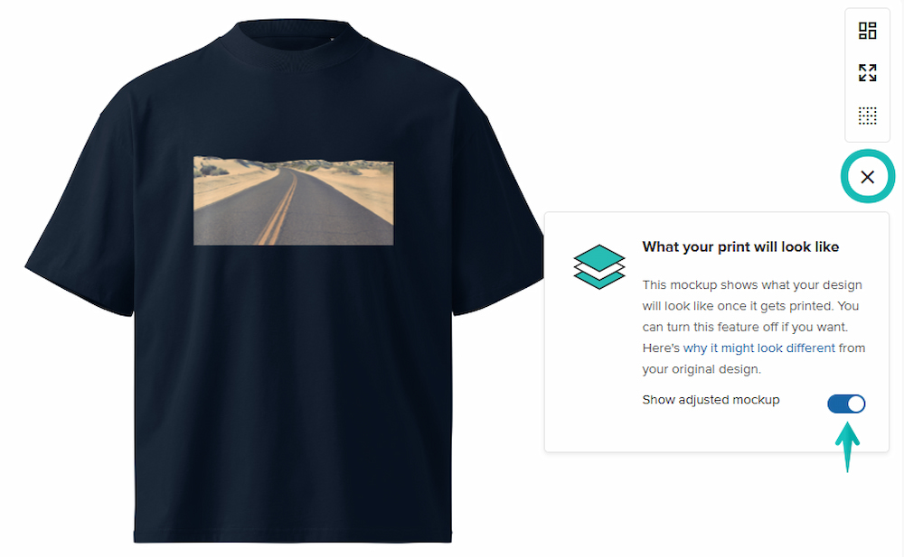 Screenshot showing the adjusted mockup preview toggle in the Printful Design Maker.