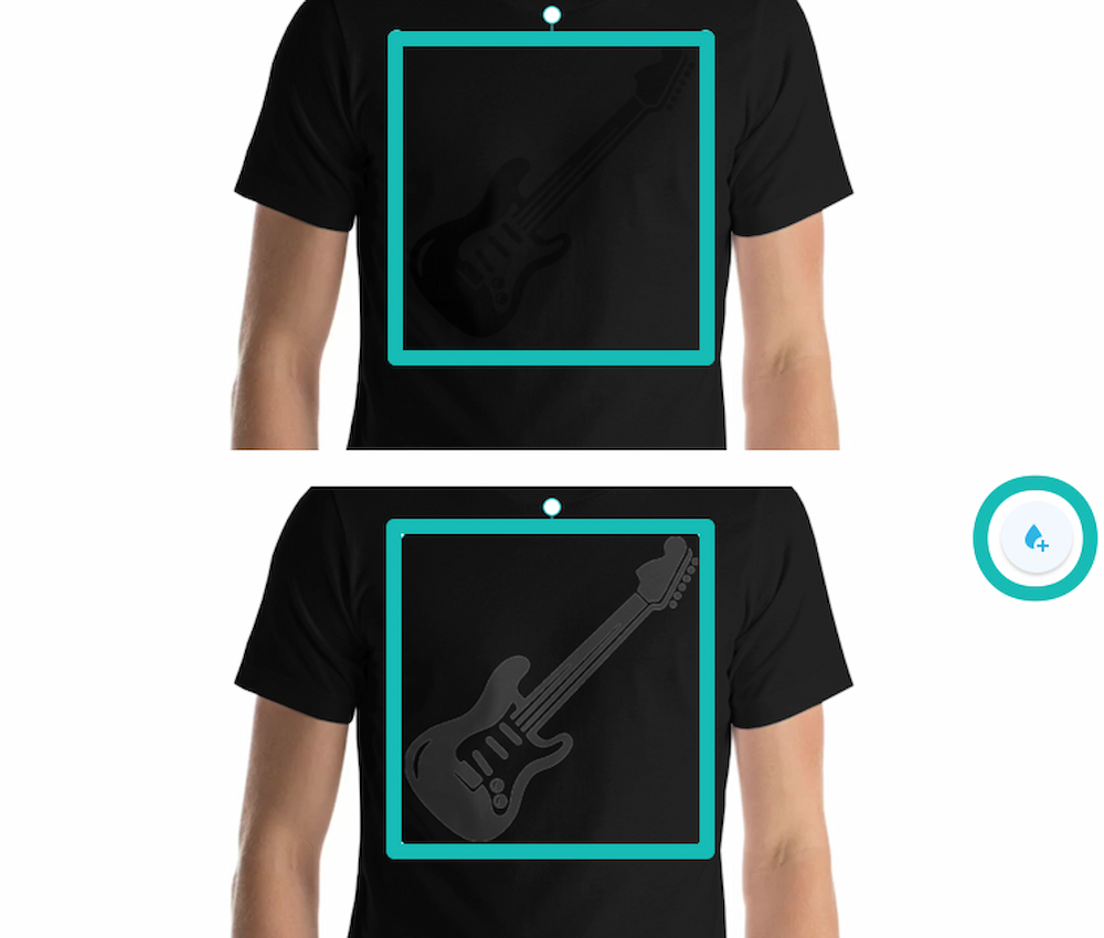 Comparaison entre des designs à faible opacité et à opacité améliorée sur une maquette de t-shirt noir.