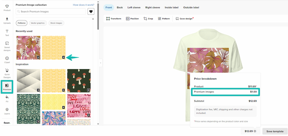 Capture d’écran de l’application d’un design de motif premium dans le Printful Design Maker avec les frais d’image premium affichés dans le détail du prix.