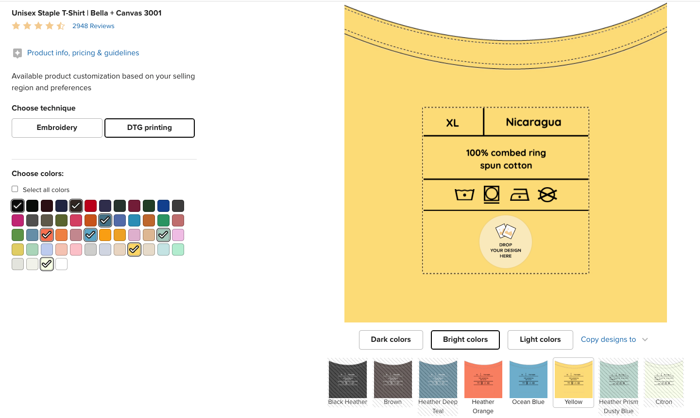 The Design Maker shows a logo upload field for the inside label, with garment specs filled in automatically.