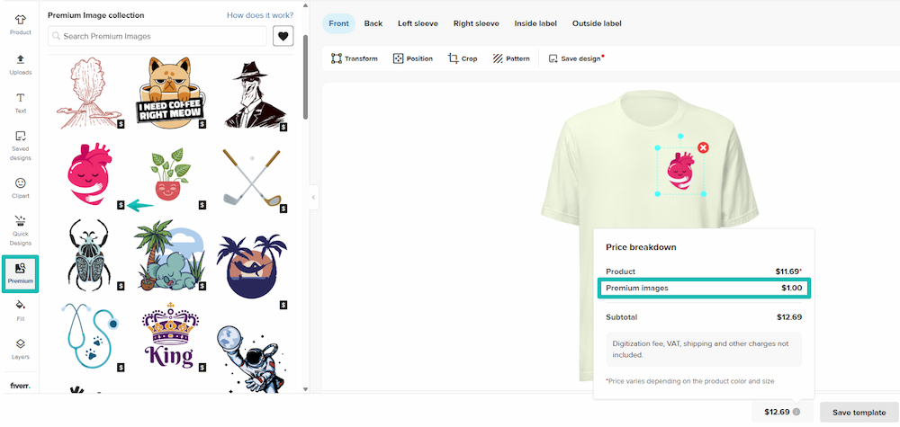 Captura de pantalla de la adición de una imagen premium de clipart en el Printful Design Maker con el costo adicional de la imagen resaltado.