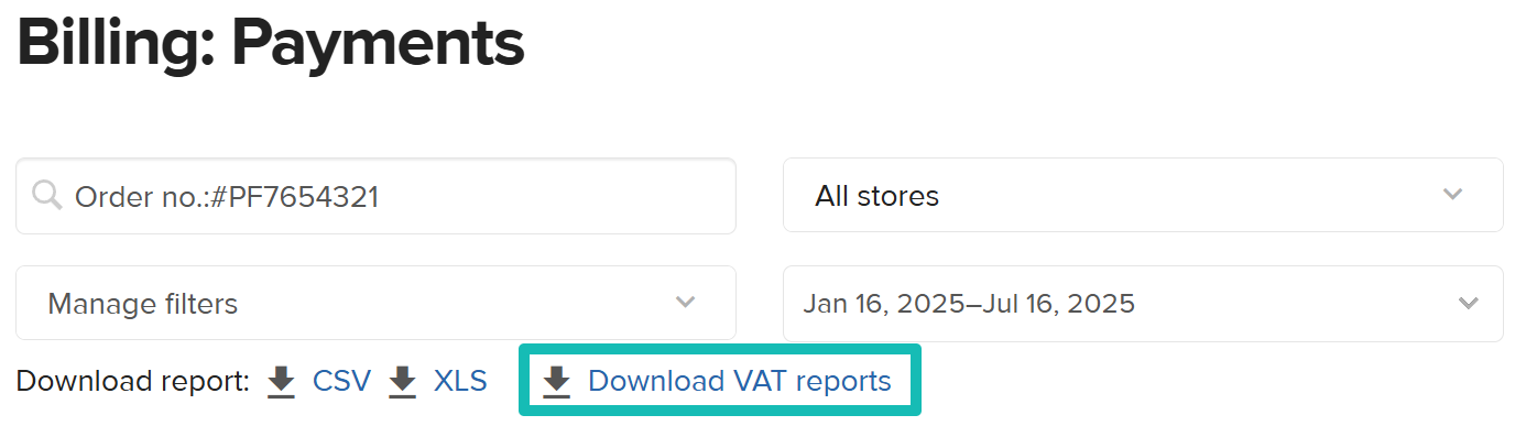 Download VAT reports button highlighted in the Billing section.