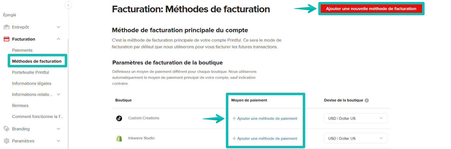 Section Méthodes de facturation avec le bouton rouge « Ajouter une nouvelle méthode de facturation » et la liste des paramètres de facturation de la boutique mis en évidence.