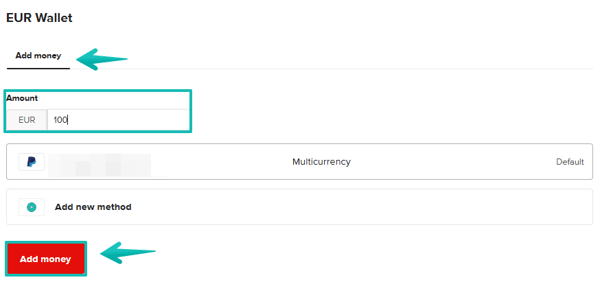 EUR Wallet screen with amount field, payment method options, and an Add money button highlighted.