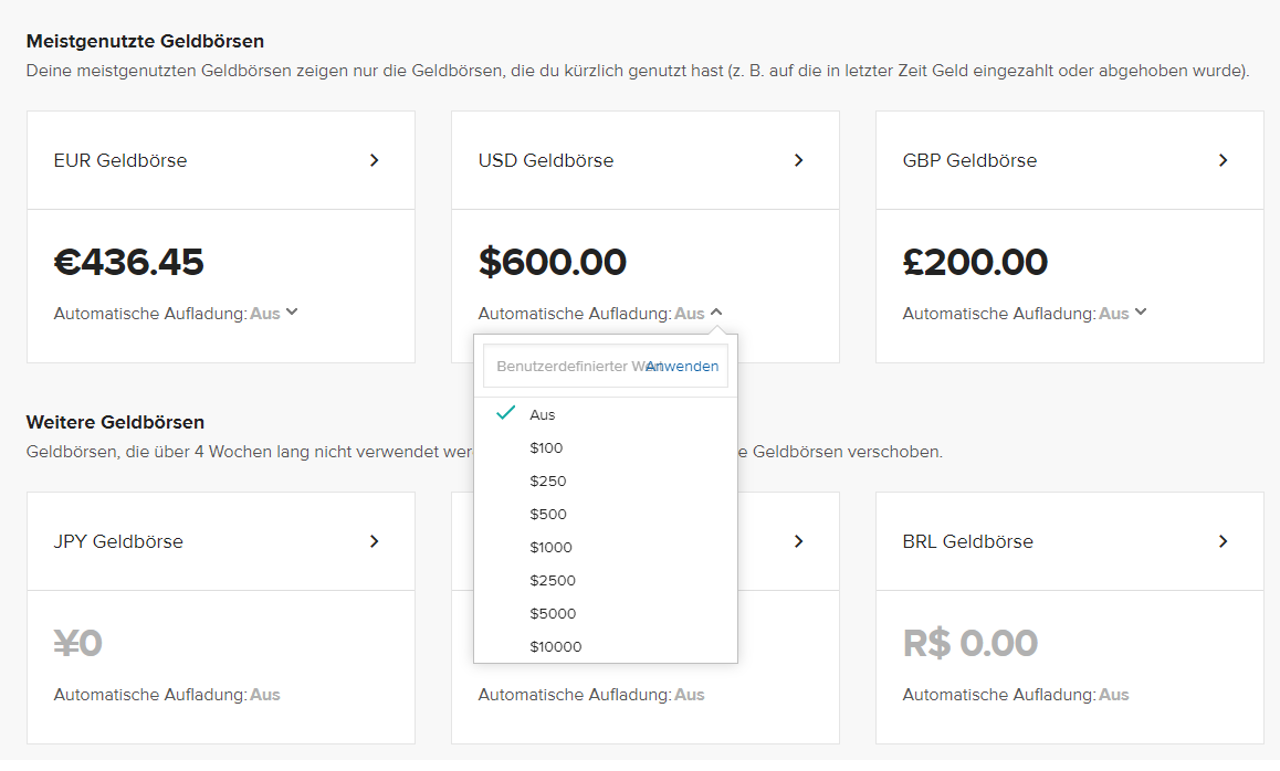 Printful-Dashboard – Bereich „Wallet“ (Geldbörse) mit hervorgehobenem Dropdown-Menü „Auto-recharge tool“ (Tool zum automatischen Aufladen).