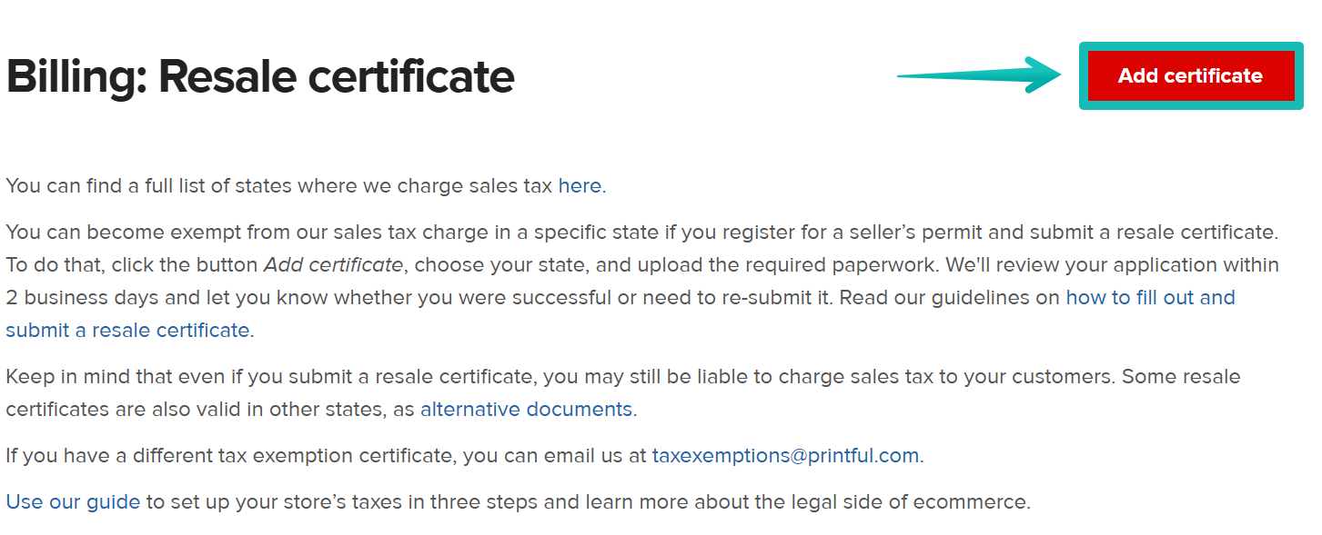 Billing: Resale certificate page with "Add certificate" button highlighted. 