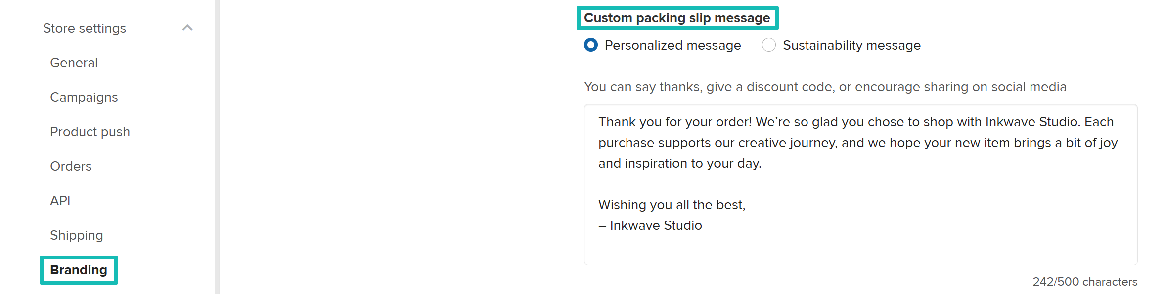The Branding settings page shows fields for adding a custom packing slip message and uploading a logo.
