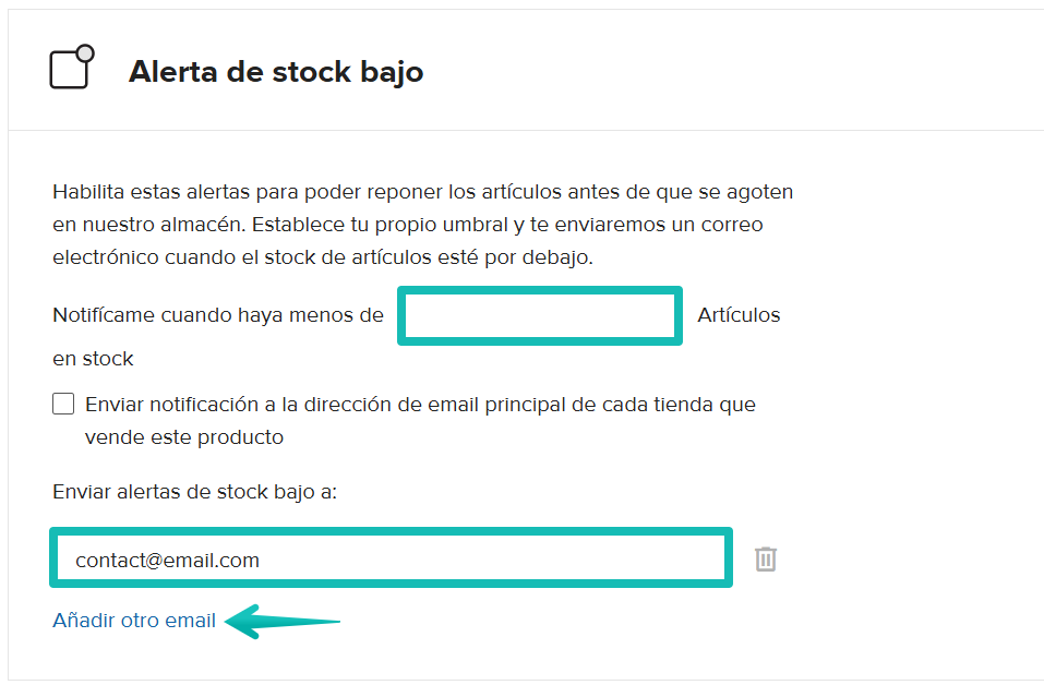 Configuración de alertas de bajo stock en el Panel de control de Printful.