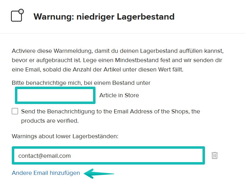 Einstellungen für Warnungen bei niedrigem Lagerbestand im Printful-Dashboard.