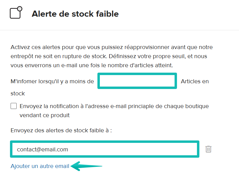 Paramètres des alertes de stock faible dans le Tableau de bord Printful.