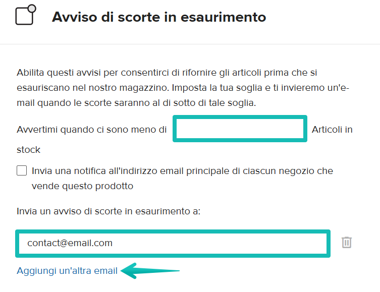 Impostazioni degli avvisi di scorte basse nella Dashboard di Printful.