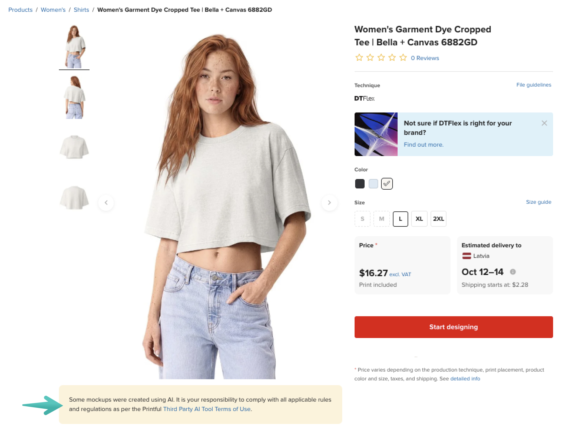 Page produit Printful pour un t-shirt court, avec un avertissement concernant la maquette générée par l’IA sous les images du produit.