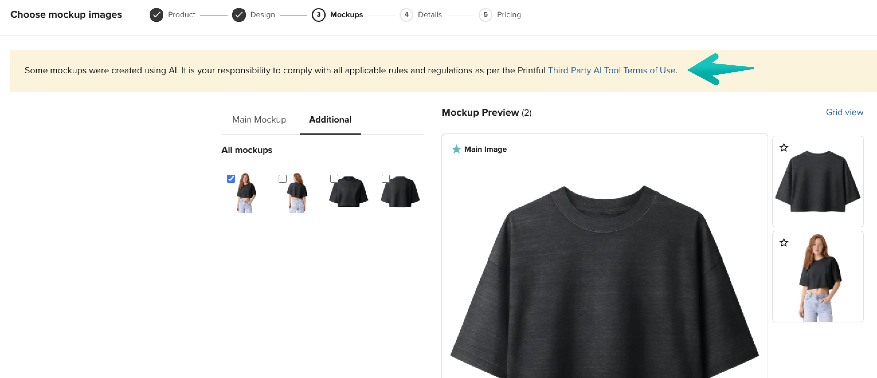 Étapes de publication Printful pour un t-shirt court, avec un avertissement concernant la maquette générée par l’IA au-dessus de l’étape de sélection des maquettes.