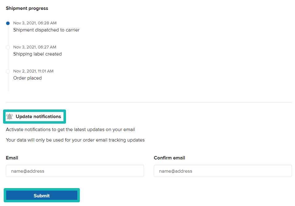 Opción para activar las notificaciones por email desde la página de seguimiento